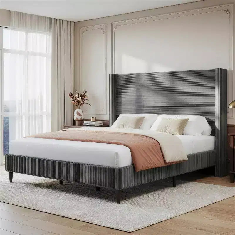 Cadre de lit plateforme capitonné Queen avec tête de lit à oreilles haute de 51,2 po, lin beige