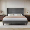 Dyonery Queen Upholstered Platform Bed Frame with 51.2 Tall Wingback HeadboardCSolid Wood Legs, No Box Spring Needed, Beige LinenCModern Style
