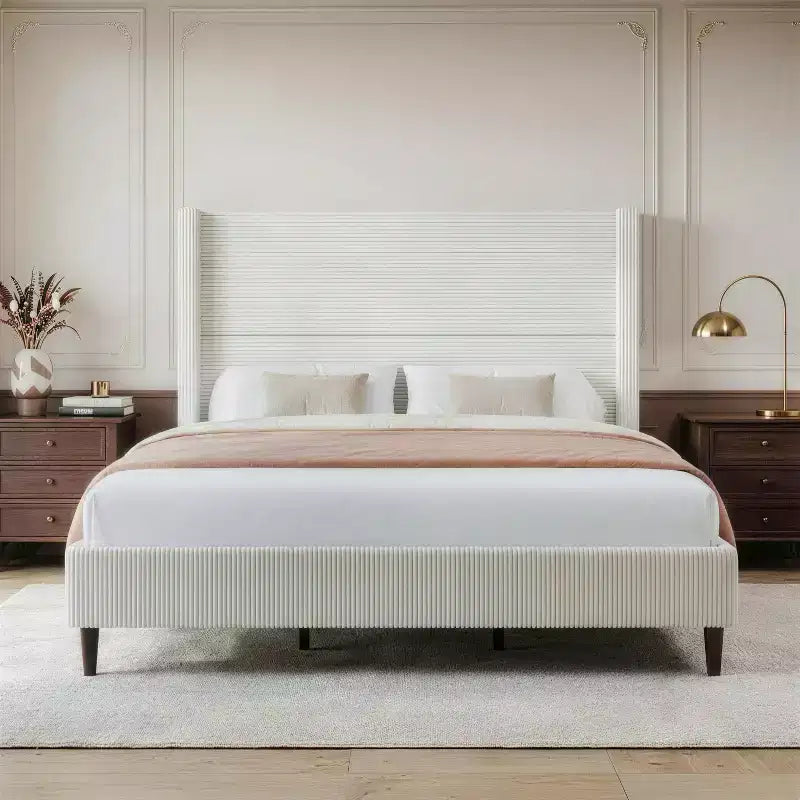 Cadre de lit plateforme capitonné Queen avec tête de lit à oreilles haute de 51,2 po, lin beige