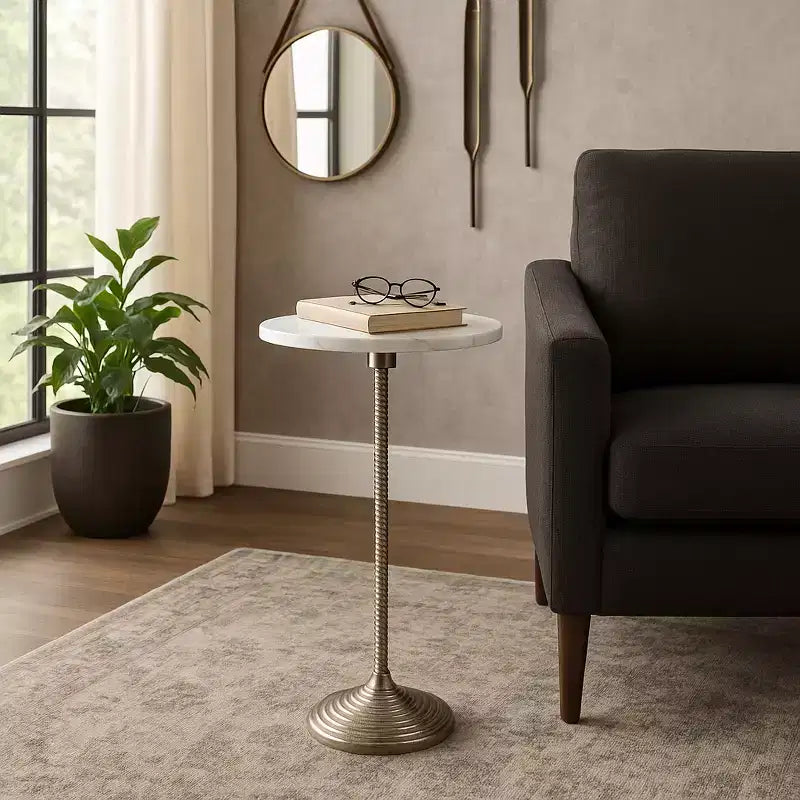 Table d'appoint et bout de canapé contemporaine avec plateau en marbre pour la décoration intérieure - Petite table d'appoint pour chevet, chambre ou table à boissons