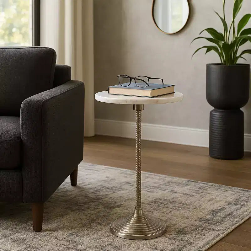 Table d'appoint et bout de canapé contemporaine avec plateau en marbre pour la décoration intérieure - Petite table d'appoint pour chevet, chambre ou table à boissons