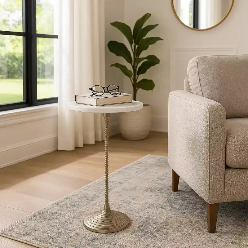 Table d'appoint et bout de canapé contemporaine avec plateau en marbre pour la décoration intérieure - Petite table d'appoint pour chevet, chambre ou table à boissons