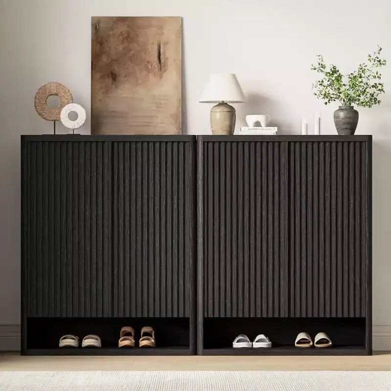 Shoe Cabinet, Entryway Cabinet 2 pack 63 Tall Black Wooden Cabinet Fluted Grille Door Adjustable Shelves Holds 50-60 Pairs