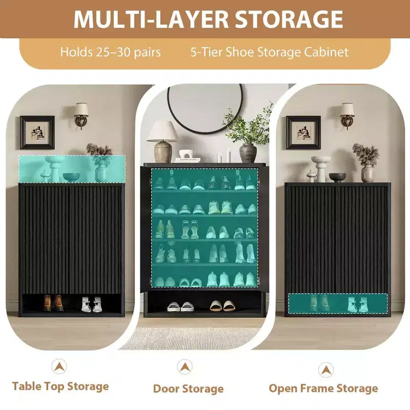 Meuble à Chaussures, Meuble d'Entrée Lot de 2 Armoires Hautes 63 cm Noires en Bois Porte Grillagée Cannelée Étagères Réglables Contient 50 à 60 Paires