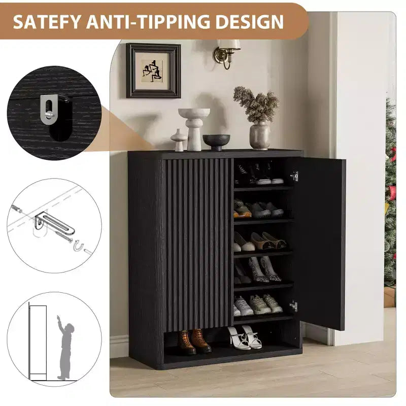 Meuble à Chaussures, Meuble d'Entrée Lot de 2 Armoires Hautes 63 cm Noires en Bois Porte Grillagée Cannelée Étagères Réglables Contient 50 à 60 Paires