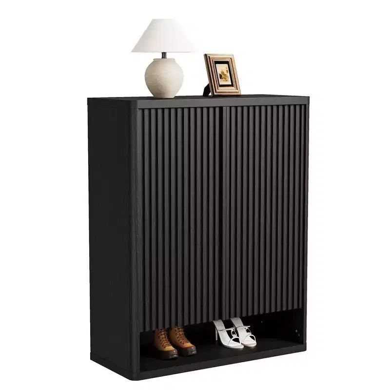 Meuble à Chaussures, Meuble d'Entrée Lot de 2 Armoires Hautes 63 cm Noires en Bois Porte Grillagée Cannelée Étagères Réglables Contient 50 à 60 Paires