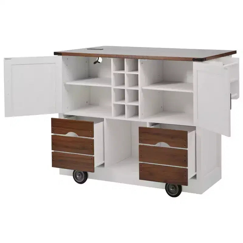 Dessert de cuisine de style champêtre de 54 po avec abattant, îlot de rangement mobile avec grandes roues
