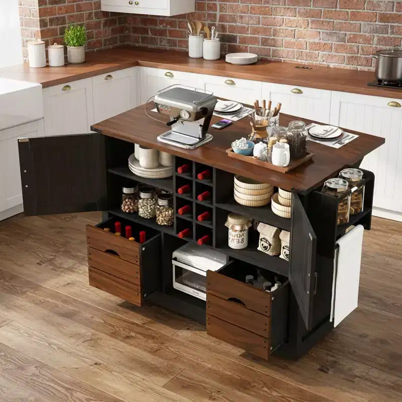 Dessert de cuisine de style champêtre de 54 po avec abattant, îlot de rangement mobile avec grandes roues
