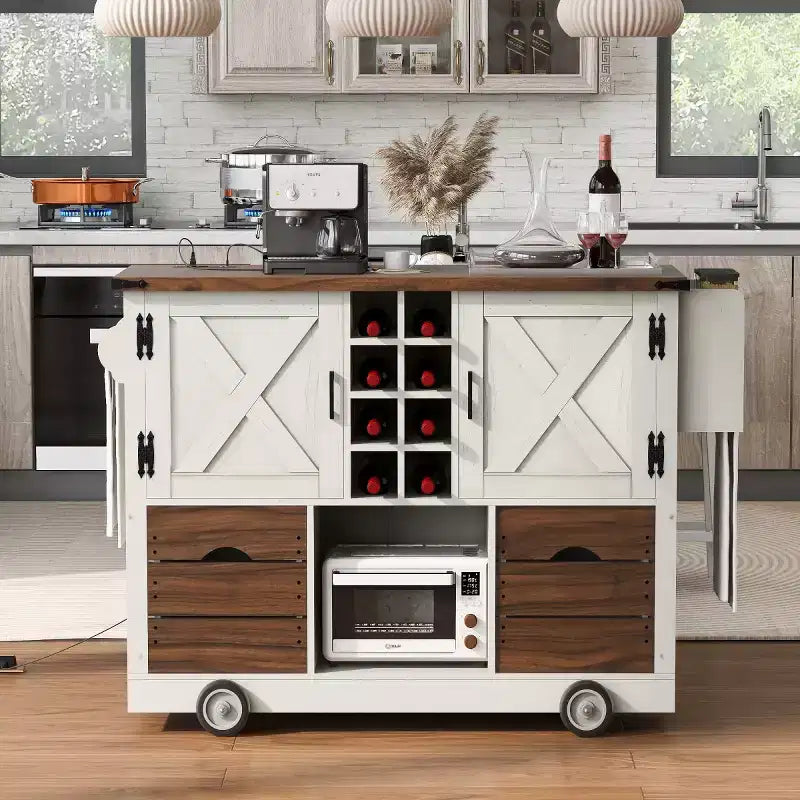 Dessert de cuisine de style champêtre de 54 po avec abattant, îlot de rangement mobile avec grandes roues