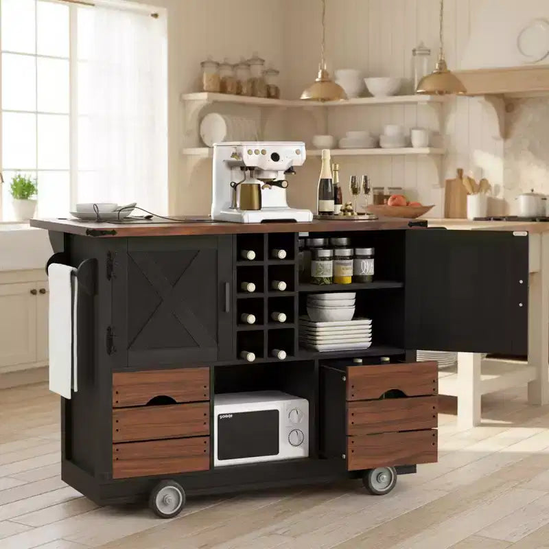 54 Farmhouse Rolling Kitchen Cart with Drop Leaf, Mobile Kitchen Storage Island with Large Wheels for Kitchen or Dining Room-Panipeachy