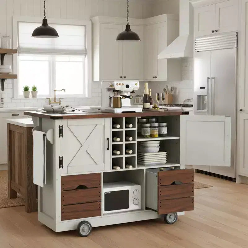 Dessert de cuisine de style champêtre de 54 po avec abattant, îlot de rangement mobile avec grandes roues