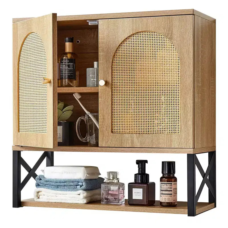 Wall Mounted Bathroom Storage Cabinet with 2 Doors Adjustable Shelf and Open Compartment White