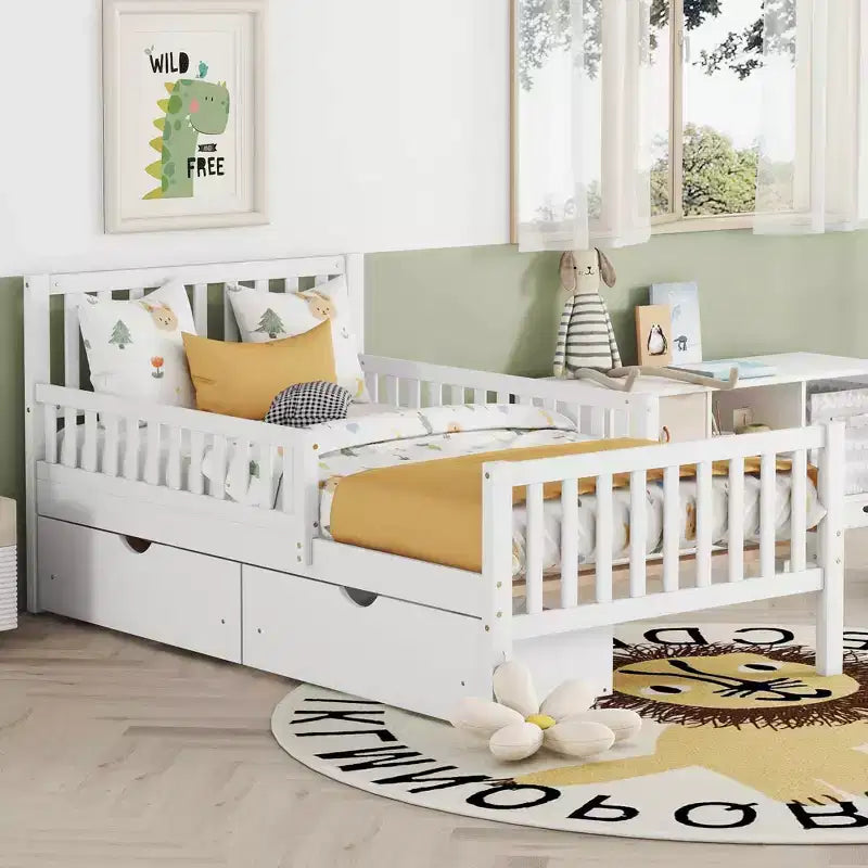 Lit plateforme en bois double avec barrières de sécurité et deux tiroirs de rangement, blanc