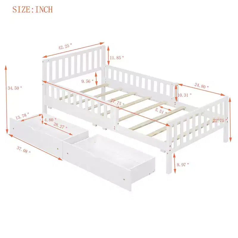 Lit plateforme en bois double avec barrières de sécurité et deux tiroirs de rangement, blanc