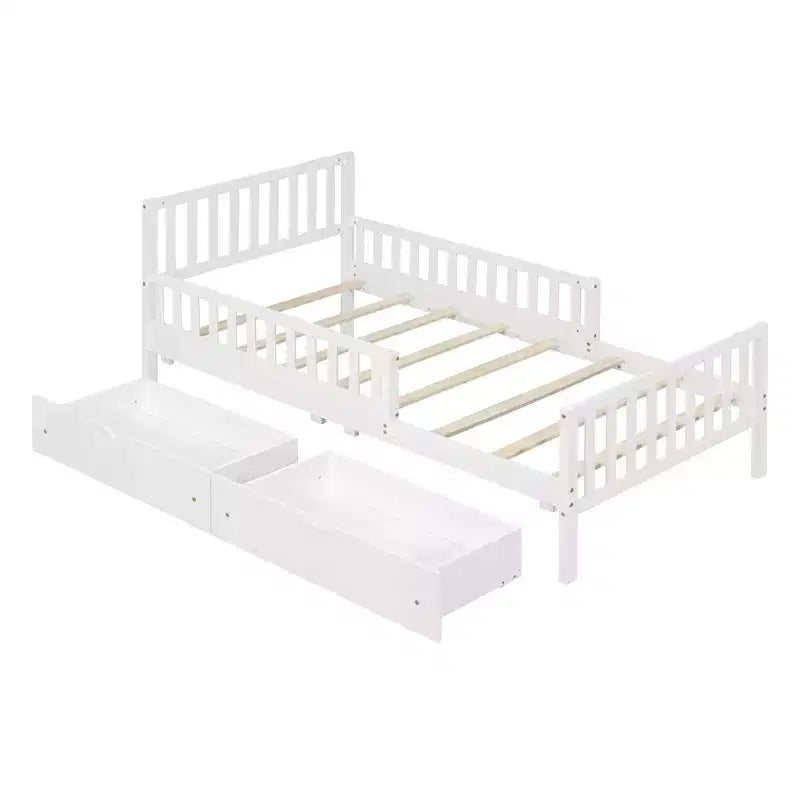 Lit plateforme en bois double avec barrières de sécurité et deux tiroirs de rangement, blanc