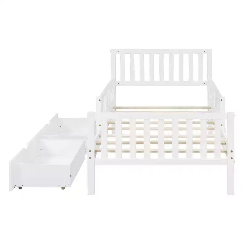 Lit plateforme en bois double avec barrières de sécurité et deux tiroirs de rangement, blanc