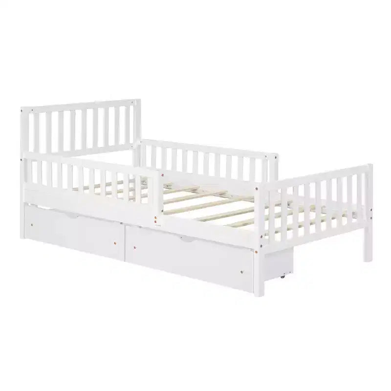 Lit plateforme en bois double avec barrières de sécurité et deux tiroirs de rangement, blanc
