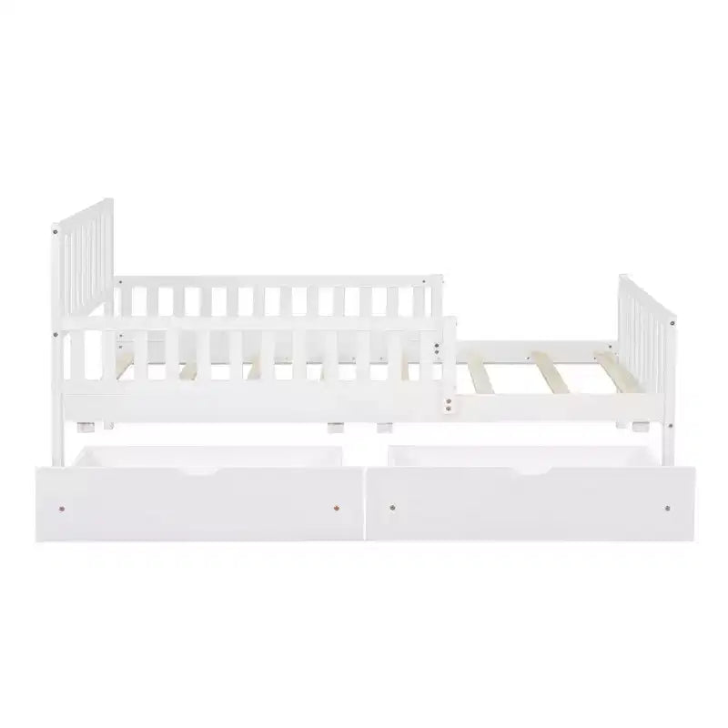 Lit plateforme en bois double avec barrières de sécurité et deux tiroirs de rangement, blanc