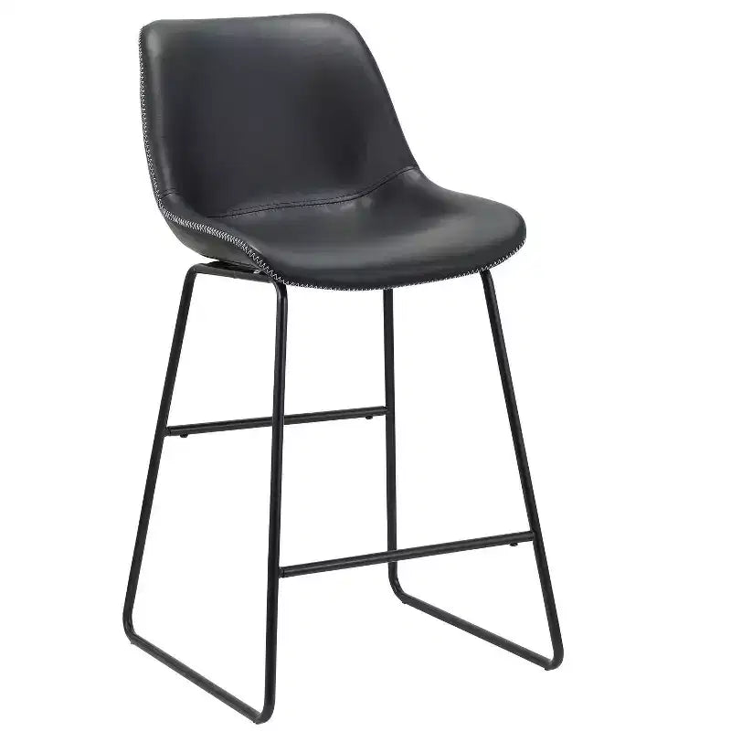HomeRoots Set of Two Black Faux Leather and Metal Low Back Counter Height Bar Chairs