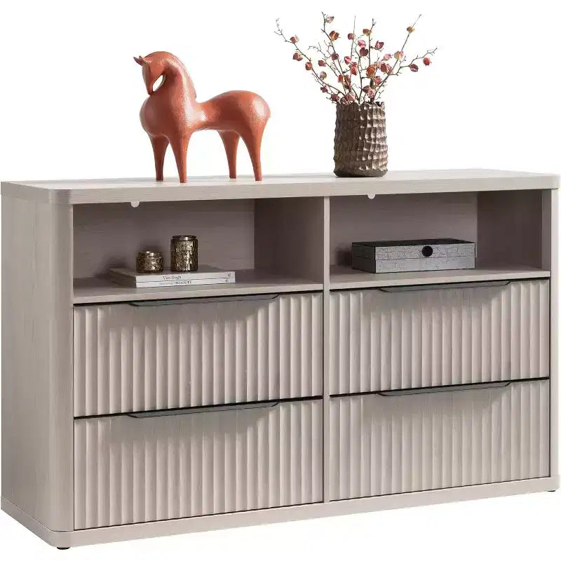 BALHAM TRADE-Modern 56.5 Wide Dresser for Bedroom with 4 Drawers Fluted Open Shelf Closet Storage