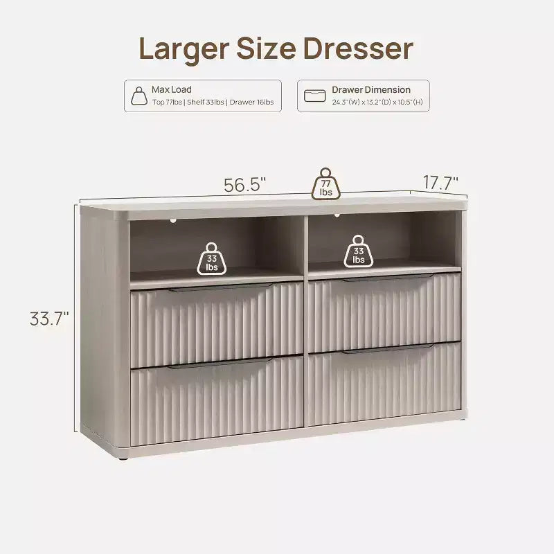 Commode moderne de 143,5 cm de large avec 4 tiroirs, étagère ouverte cannelée, rangement pour placard