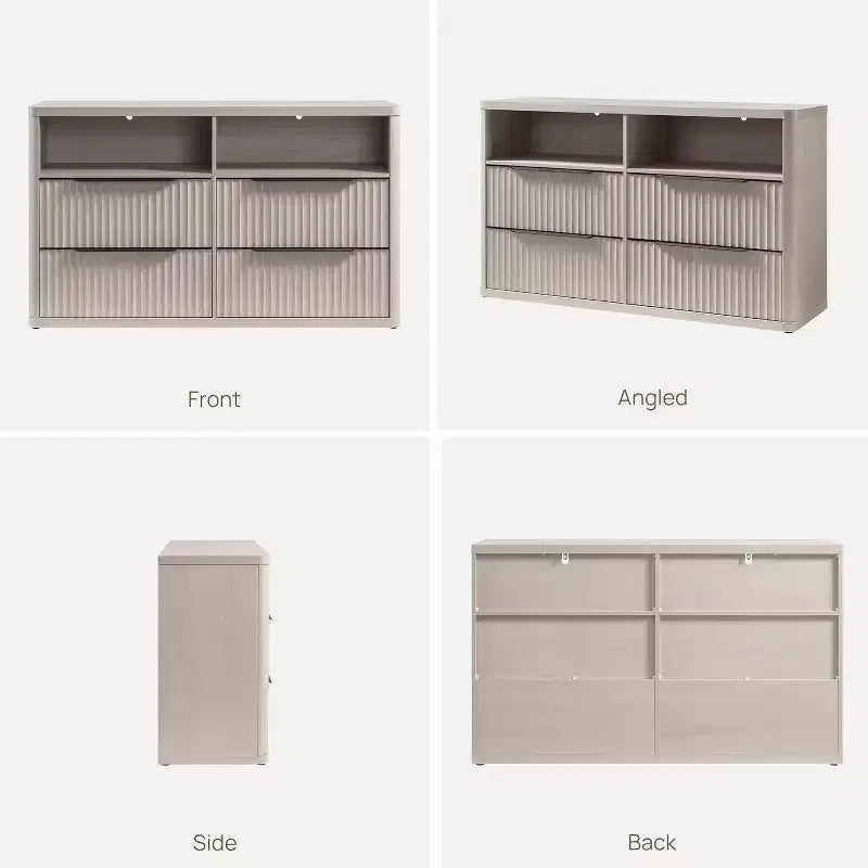 Commode moderne de 143,5 cm de large avec 4 tiroirs, étagère ouverte cannelée, rangement pour placard