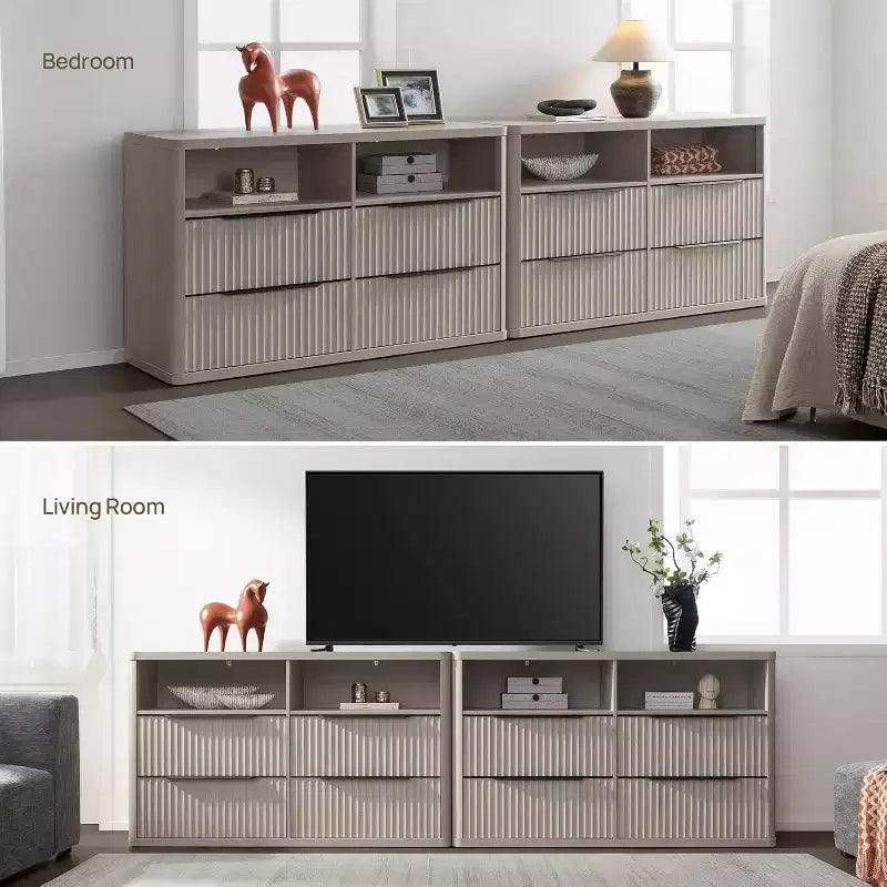 Commode moderne de 143,5 cm de large avec 4 tiroirs, étagère ouverte cannelée, rangement pour placard