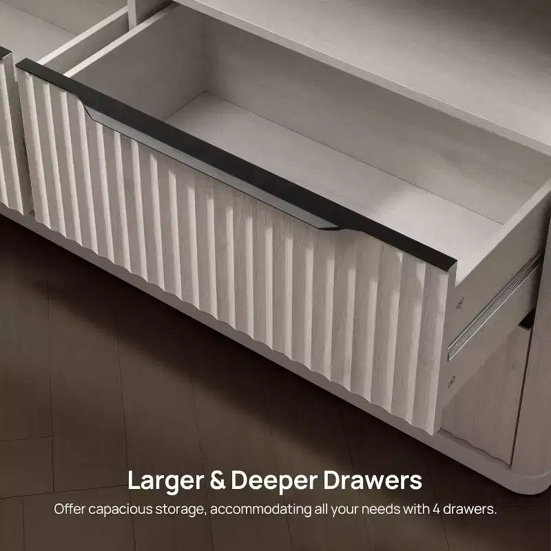 Commode moderne de 143,5 cm de large avec 4 tiroirs, étagère ouverte cannelée, rangement pour placard
