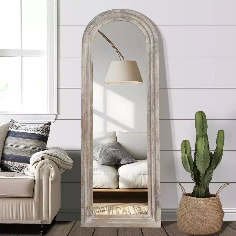 64x21 Arched Full Length Mirror Rustic Floor Mirror with Weathered White Solid Wood Frame Farmhouse Wall-Mounted Mirror for Bedroom Living Room