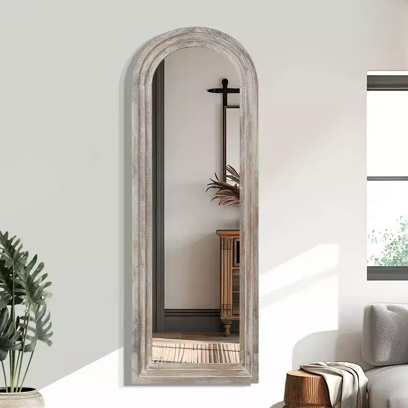 Miroir arqué pleine longueur 64x21 avec cadre en bois massif blanc vieilli, miroir de sol rustique, miroir mural de ferme pour chambre à coucher salon
