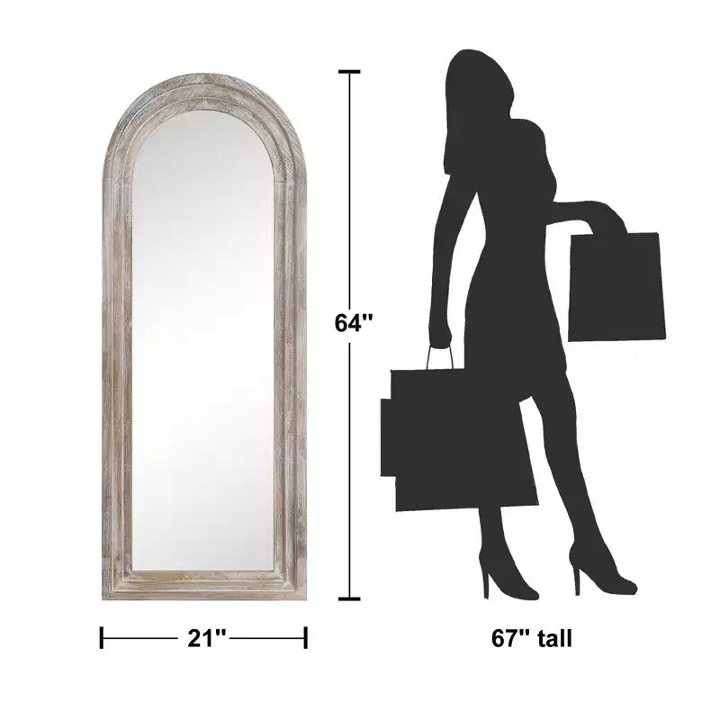 Miroir arqué pleine longueur 64x21 avec cadre en bois massif blanc vieilli, miroir de sol rustique, miroir mural de ferme pour chambre à coucher salon