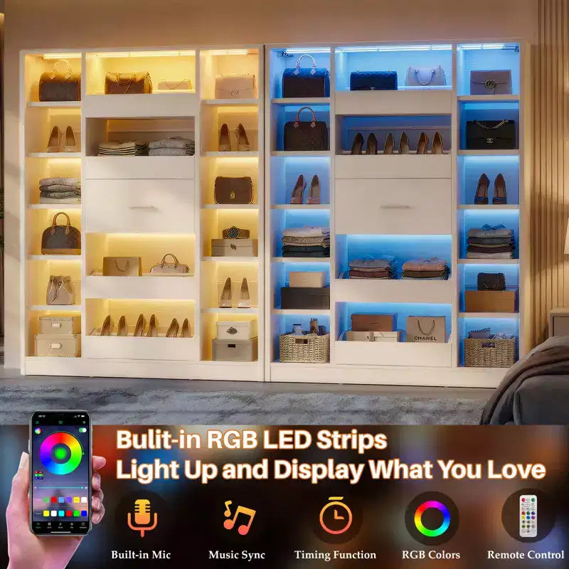 Meuble à chaussures en bois avec lumières LED, Organisateur de placard autoportant avec tiroir et étagères