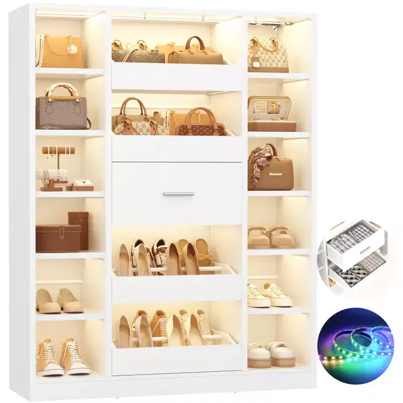Meuble à chaussures en bois avec lumières LED, Organisateur de placard autoportant avec tiroir et étagères
