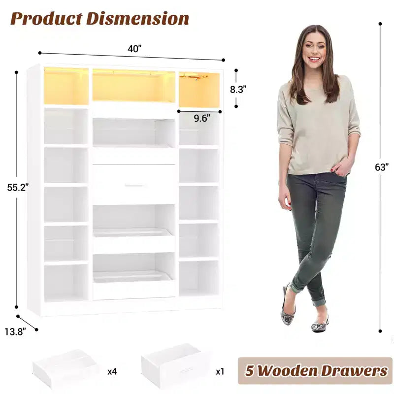 Meuble à chaussures en bois avec lumières LED, Organisateur de placard autoportant avec tiroir et étagères
