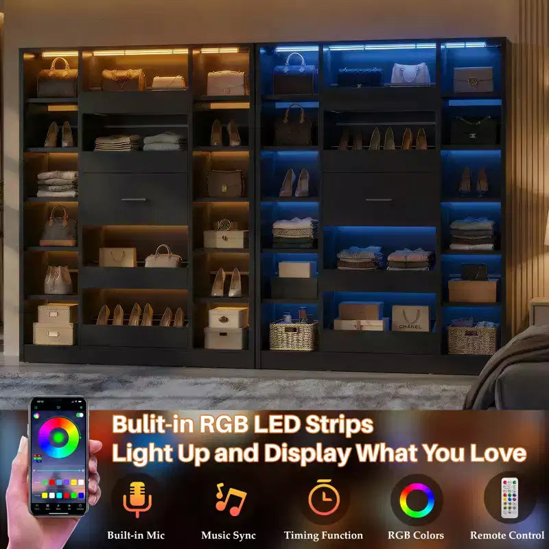 Meuble à chaussures en bois avec lumières LED, Organisateur de placard autoportant avec tiroir et étagères
