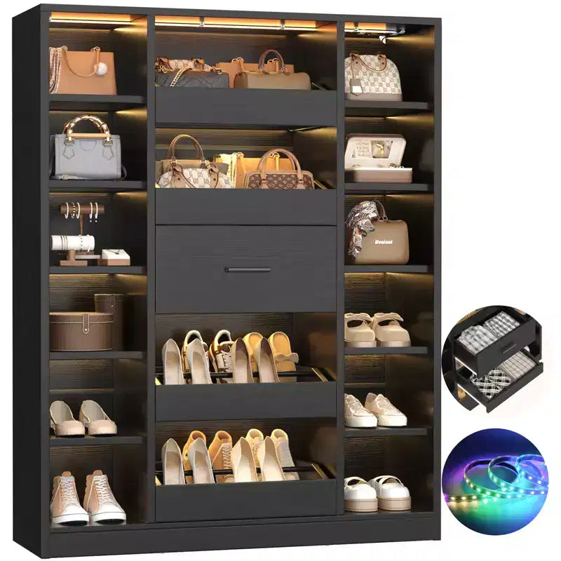 Meuble à chaussures en bois avec lumières LED, Organisateur de placard autoportant avec tiroir et étagères