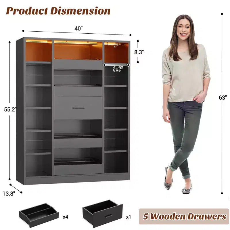 Meuble à chaussures en bois avec lumières LED, Organisateur de placard autoportant avec tiroir et étagères
