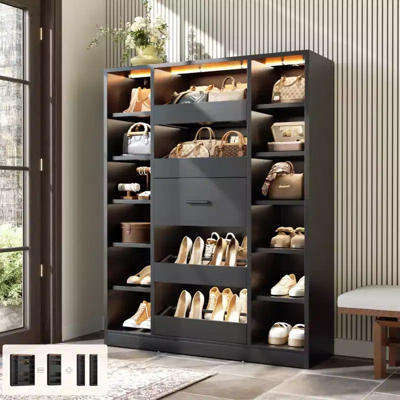 Besiost Wooden Shoes Cabinet with Led Lights, Freestanding Closet Organizer with Drawer and Shelves