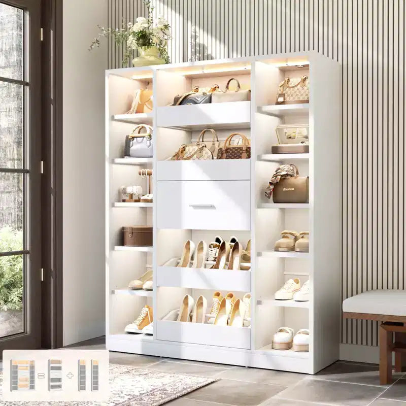 Meuble à chaussures en bois avec lumières LED, Organisateur de placard autoportant avec tiroir et étagères