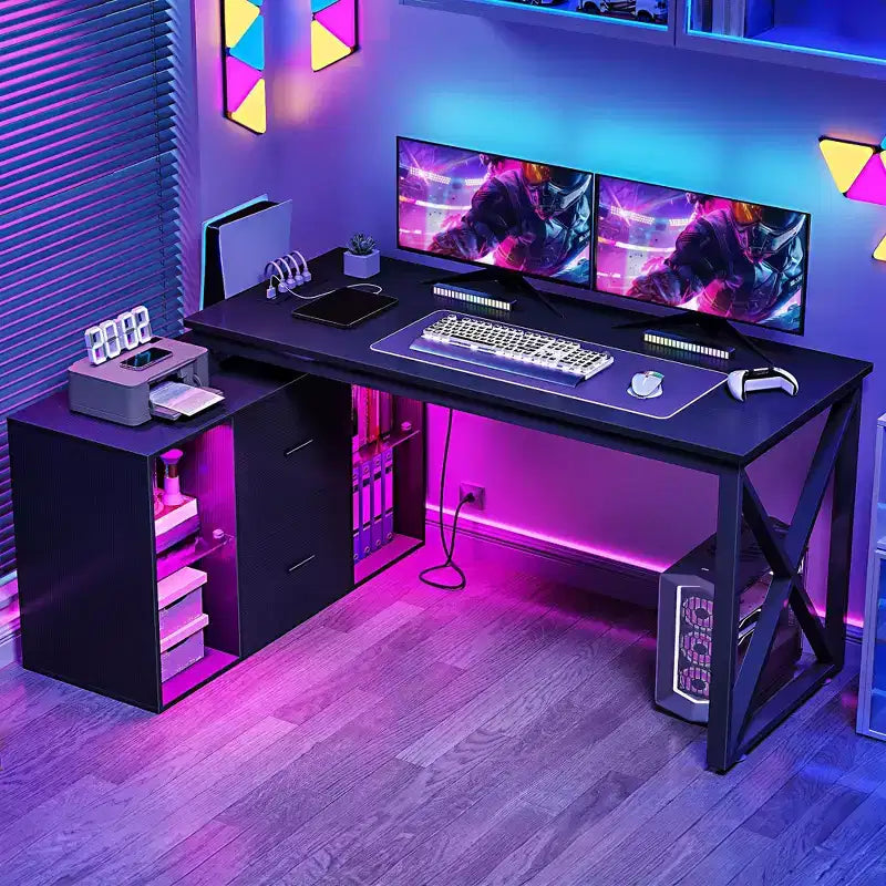 Bureau d'angle en L réversible noir de 55 pouces avec tiroirs et éclairage LED, avec 4 étagères de rangement ouvertes en verre
