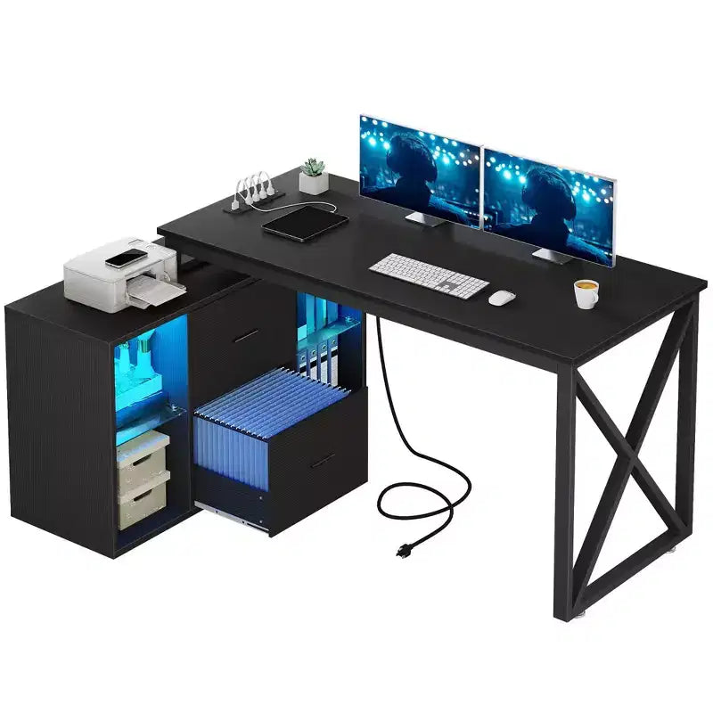 Bureau d'angle en L réversible noir de 55 pouces avec tiroirs et éclairage LED, avec 4 étagères de rangement ouvertes en verre