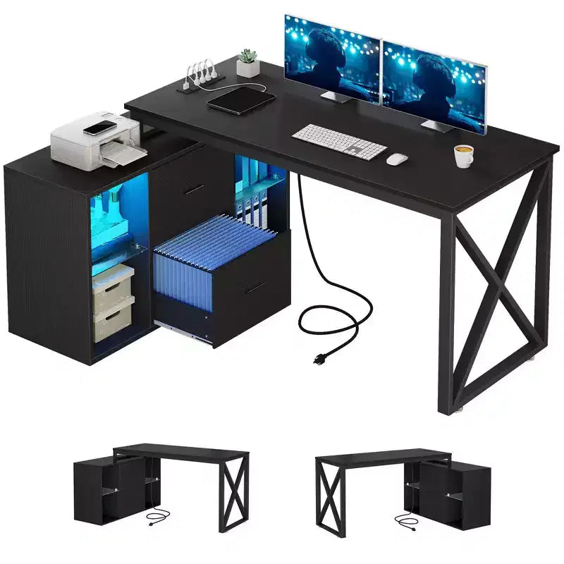 Bureau d'angle en L réversible noir de 55 pouces avec tiroirs et éclairage LED, avec 4 étagères de rangement ouvertes en verre