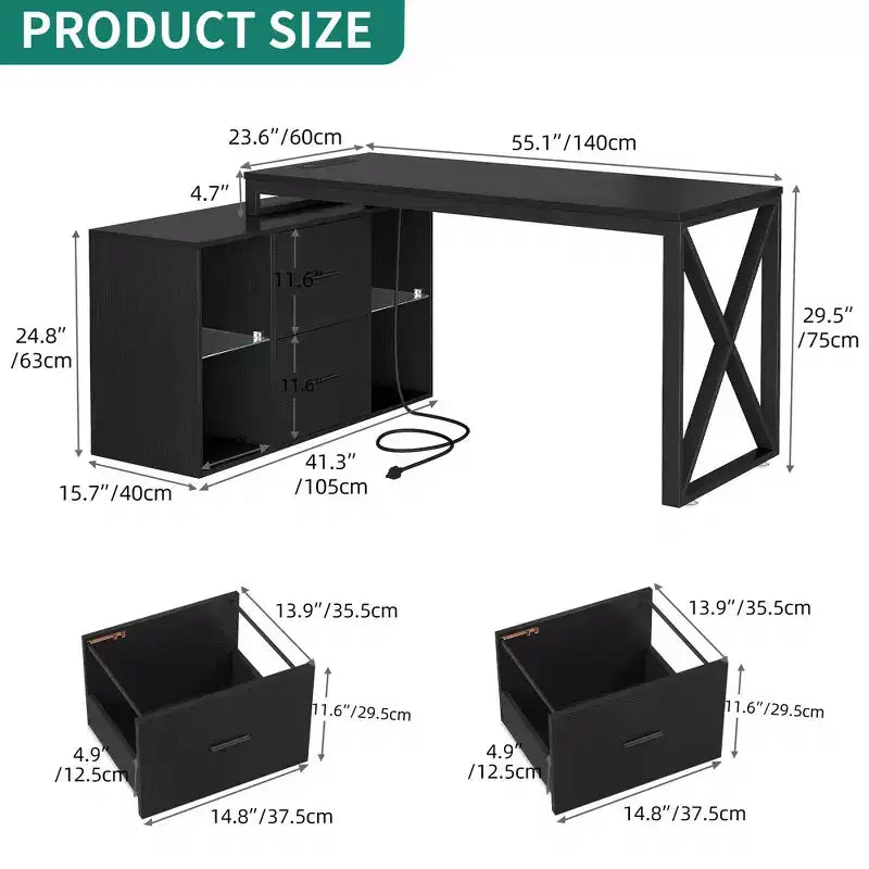 Bureau d'angle en L réversible noir de 55 pouces avec tiroirs et éclairage LED, avec 4 étagères de rangement ouvertes en verre