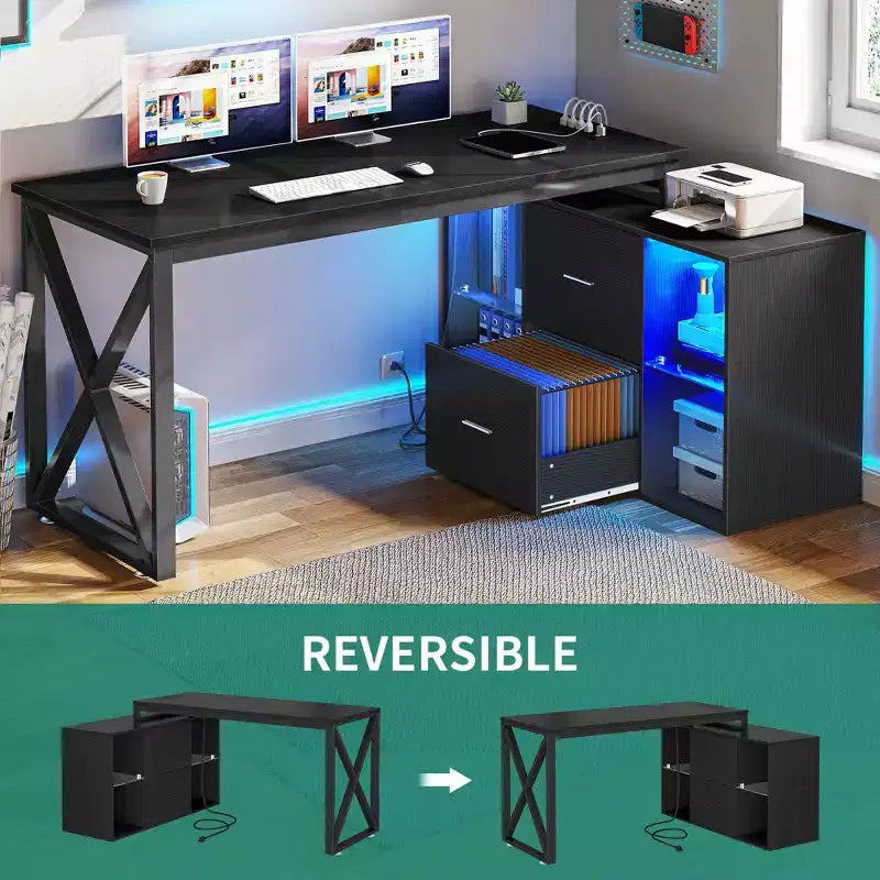 Bureau d'angle en L réversible noir de 55 pouces avec tiroirs et éclairage LED, avec 4 étagères de rangement ouvertes en verre