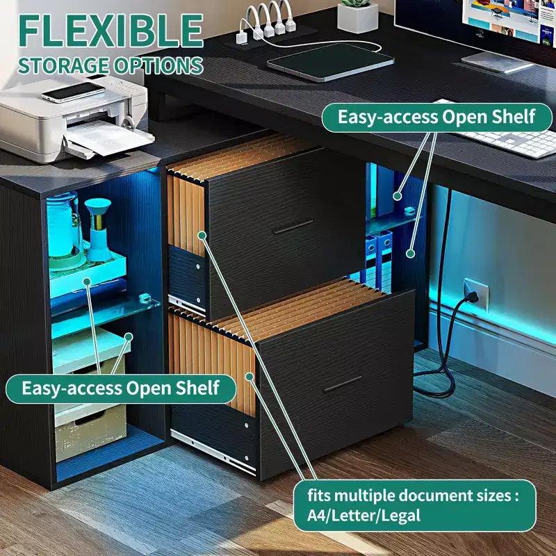 Bureau d'angle en L réversible noir de 55 pouces avec tiroirs et éclairage LED, avec 4 étagères de rangement ouvertes en verre