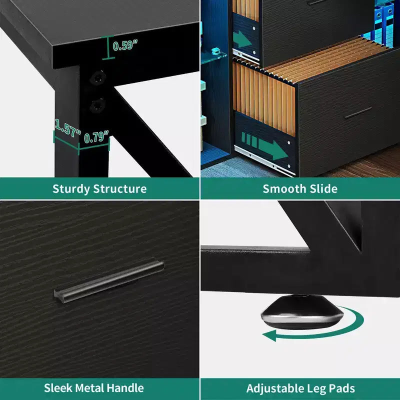 Bureau d'angle en L réversible noir de 55 pouces avec tiroirs et éclairage LED, avec 4 étagères de rangement ouvertes en verre