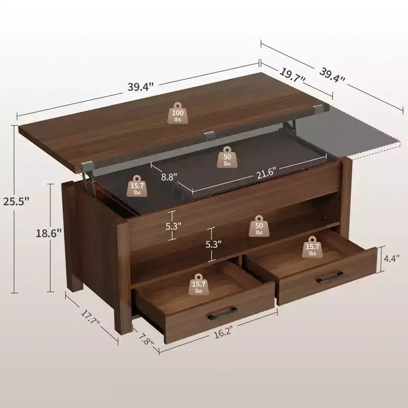 Table basse relevable 40", multifonction 4-en-1 convertible avec tiroirs et compartiment caché