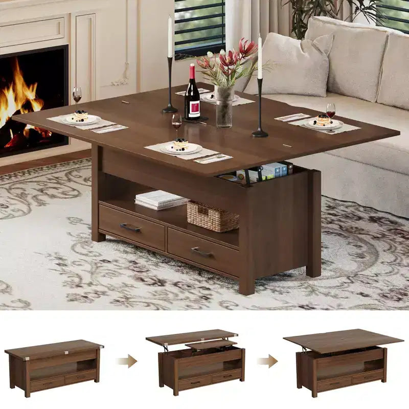 Table basse relevable 40", multifonction 4-en-1 convertible avec tiroirs et compartiment caché