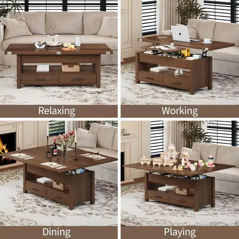 Table basse relevable 40", multifonction 4-en-1 convertible avec tiroirs et compartiment caché