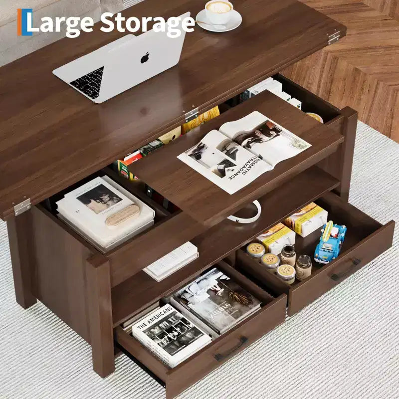 Table basse relevable 40", multifonction 4-en-1 convertible avec tiroirs et compartiment caché
